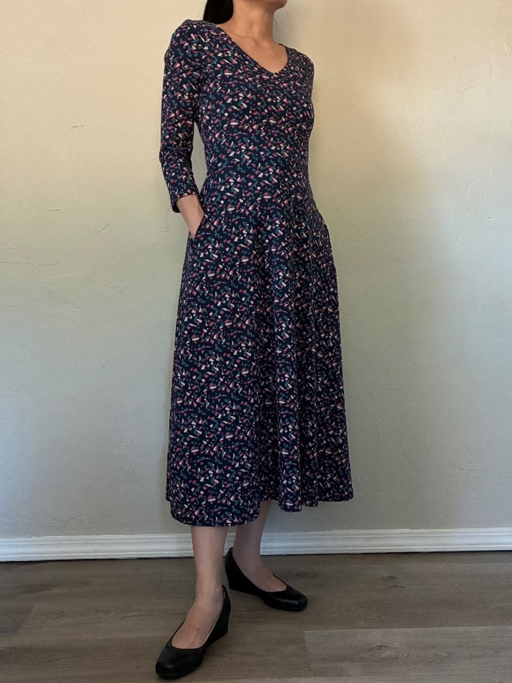 Pact Navy Confetti Print 4/5 Sleeve Organic Cotton Midi Dress XS
